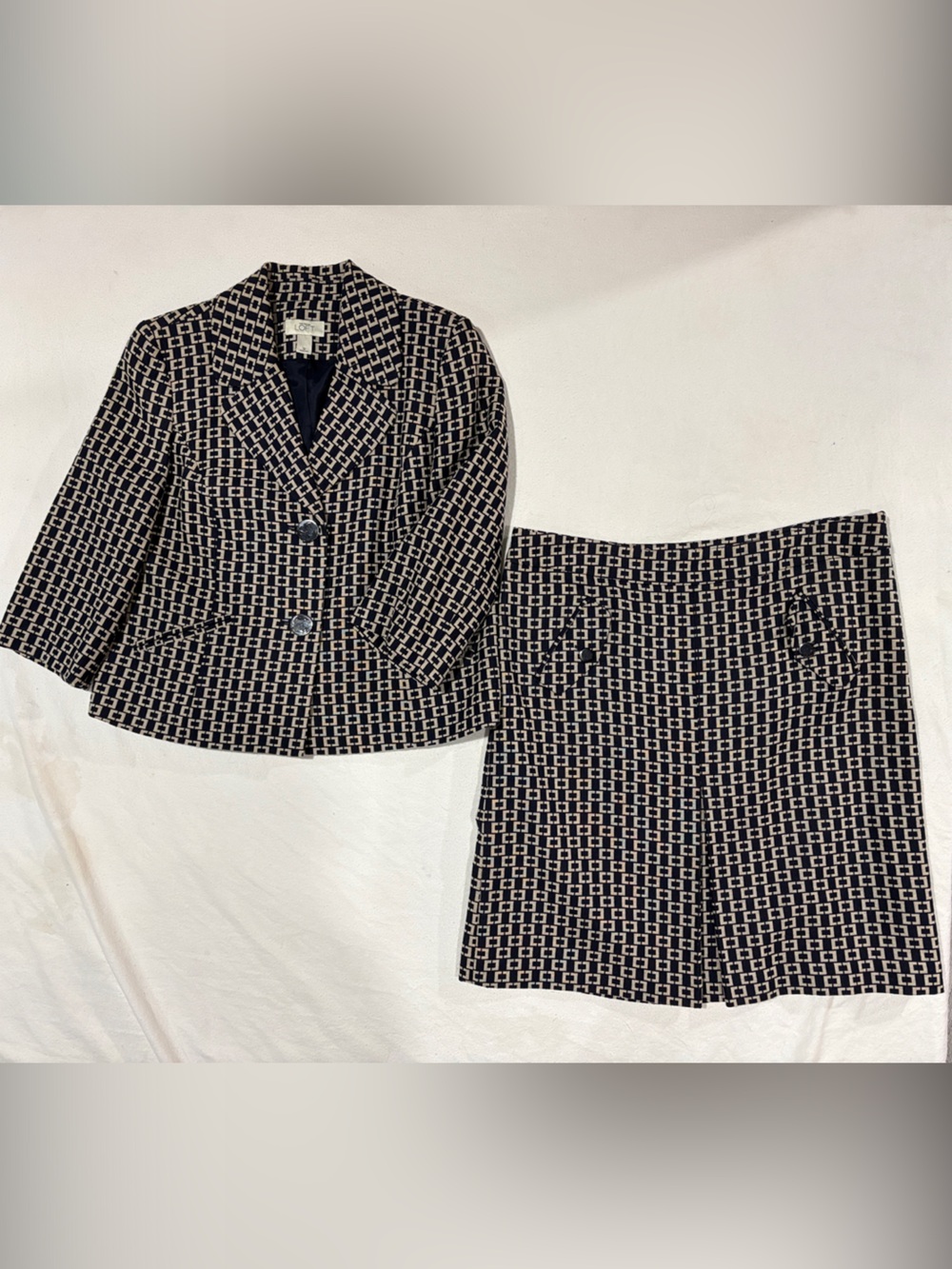 Loft Navy Cream Geometric Grid 2-Piece Blazer & Skirt Suit Set - Size 12 / 14